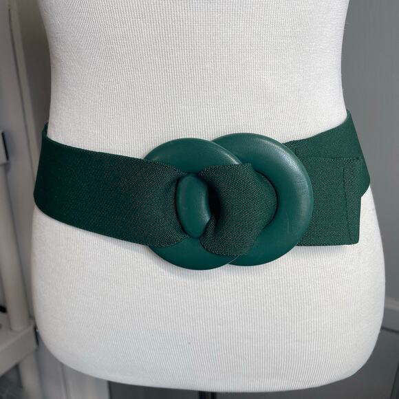 Unknown Accessories - Vintage 80s Green Stretch Cinch Waist Belt Wide Elastic Double Ring Buckle OS